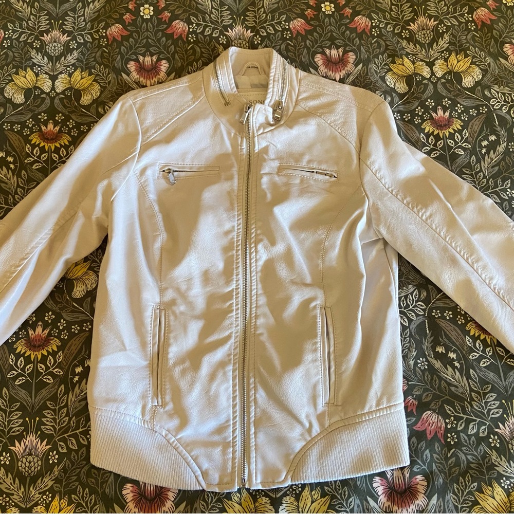 Cream faux leather bomber jacket